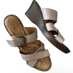 Born Women's Size 10 Wedge Sandals Slides Salima Beige Leather Straps Buckle